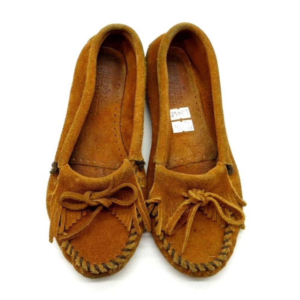 Minnetonka Brown Leather Kilt Slip On Moccasin Flats Shoes Women's 5.5